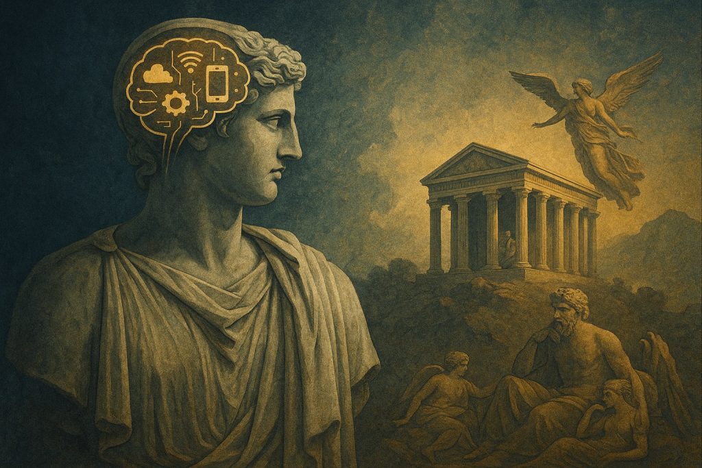Pikturë digjitale që bashkon mitologjinë klasike me simbolet moderne të teknologjisë, ku një bust mermeri i një figure antike përfaqëson mendjen njerëzore, ndërsa në sfond shfaqet një tempull grek dhe një engjëll në fluturim, duke reflektuar përplasjen mes urtësisë së lashtë dhe botës dixhitale.