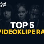 A digital graphic design showcasing the top 5 most viewed rap music videos on YouTube. The image features grayscale portraits of 50 Cent, Eminem, Rihanna, Travis Scott, and Coolio on a dark navy background. The title "TOP 5 VIDEOKLIPE RAP" is written in bold white and yellow letters. The list includes video titles and artists with view counts: "In da Club" (2.3 miliardë), "Love the Way You Lie," "Sicko Mode," "God's Plan," and "Gangsta's Paradise" (each with 1 miliard).